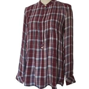 Gap Burgundy Pintuck Plaid Womens Top XS Preppy Feminine Western Cozy Mandarin